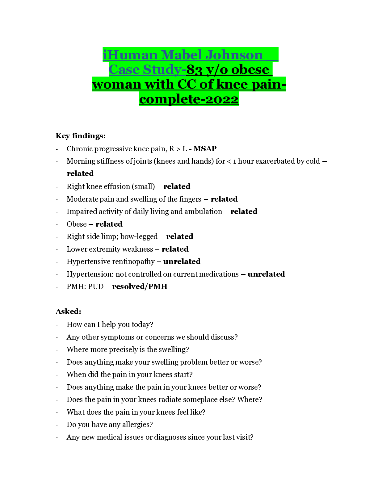Preview of iHuman Mabel Johnson _ Case Study-83 y/o obese woman with CC of knee pain-complete-2022